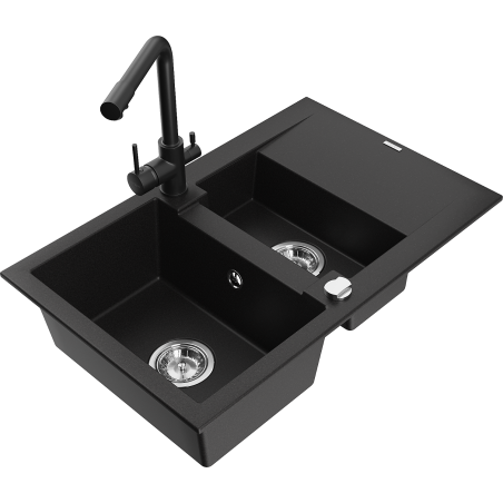 Mexen Gaspar granitový dřez 1,5komorový s odkapávačem a kuchyňskou baterií Duero, černý - 6507-77-671600-70