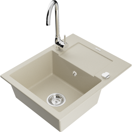 Mexen Enzo granitový kuchyňský dřez 1-komorový s odkapávačem a kuchyňskou baterií Telma, béžový - 6506-69-670200-00