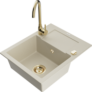 Mexen Enzo granitový dřez s jednou komorou a odkapávačem a kuchyňskou baterií Telma, béžový - 6506-69-670200-50