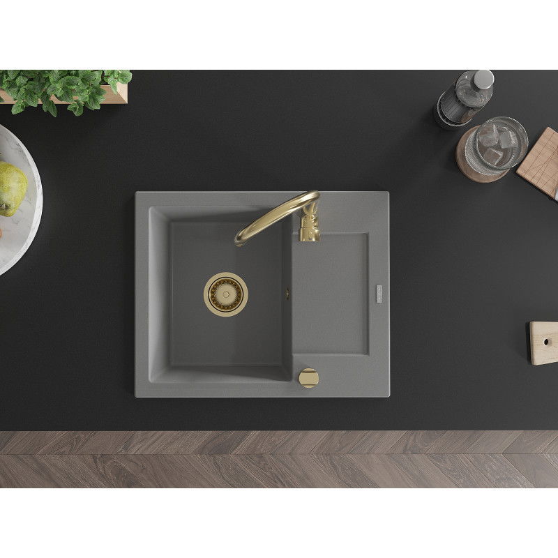 Mexen Enzo granitový dřez 1-komorový s odkapávačem a kuchyňskou baterií Telma, šedý - 6506-71-670200-50