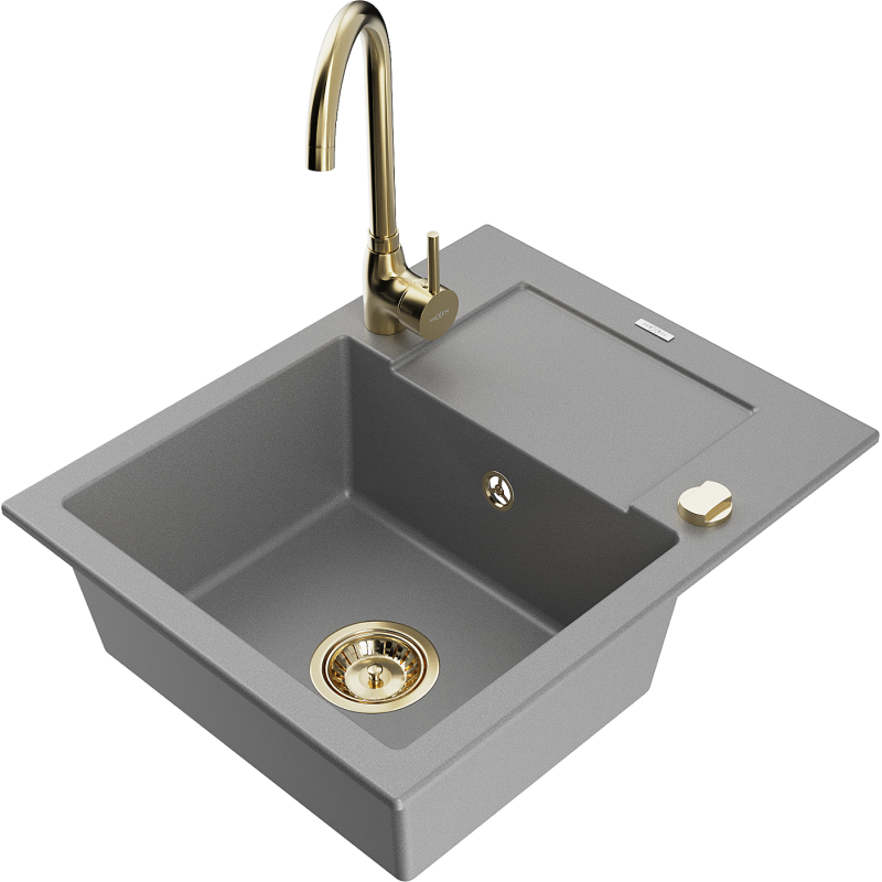 Mexen Enzo granitový dřez 1-komorový s odkapávačem a kuchyňskou baterií Telma, šedý - 6506-71-670200-50