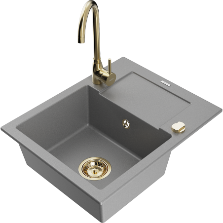 Mexen Enzo granitový dřez 1-komorový s odkapávačem a kuchyňskou baterií Telma, šedý - 6506-71-670200-50