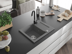 Mexen Enzo granitový kuchyňský dřez 1-komorový s odkapávačem a kuchyňskou baterií Telma, šedý - 6506-71-670200-70