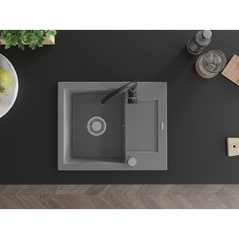 Mexen Enzo granitový kuchyňský dřez 1-komorový s odkapávačem a kuchyňskou baterií Telma, šedý - 6506-71-670200-70