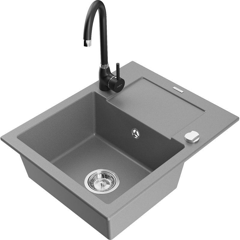 Mexen Enzo granitový kuchyňský dřez 1-komorový s odkapávačem a kuchyňskou baterií Telma, šedý - 6506-71-670200-70