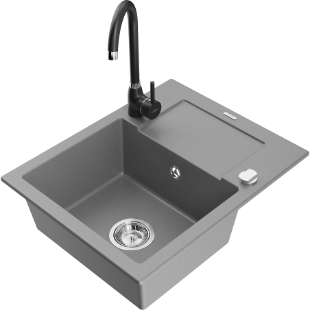 Mexen Enzo granitový kuchyňský dřez 1-komorový s odkapávačem a kuchyňskou baterií Telma, šedý - 6506-71-670200-70