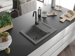 Mexen Enzo granitový dřez 1-komorový s odkapávačem a kuchyňskou baterií Telma, šedý - 6506-71-670200-70-B