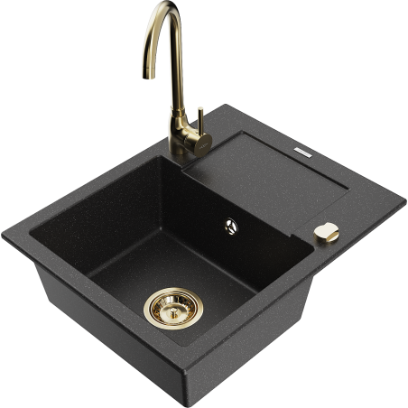 Mexen Enzo granitový dřez 1-komorový s odkapávačem a kuchyňskou baterií Telma, černý/stříbrný - 6506-73-670200-50