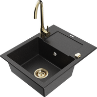 Mexen Enzo granitový dřez 1-komorový s odkapávačem a kuchyňskou baterií Telma, černý/stříbrný - 6506-73-670200-50