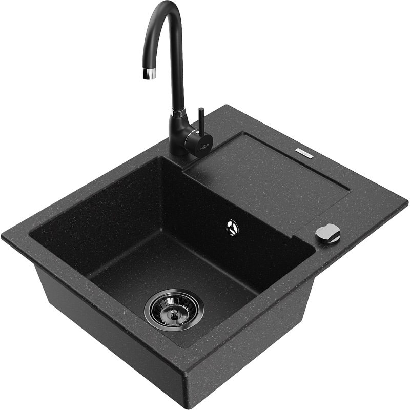 Mexen Enzo granitový dřez 1-komorový s odkapávačem a kuchyňskou baterií Telma, černý/stříbrný - 6506-73-670200-70-B