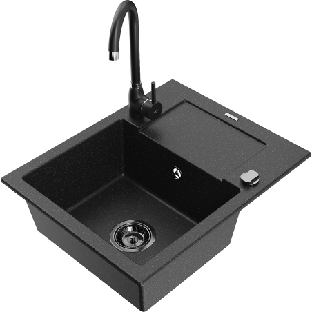 Mexen Enzo granitový dřez 1-komorový s odkapávačem a kuchyňskou baterií Telma, černý/stříbrný - 6506-73-670200-70-B