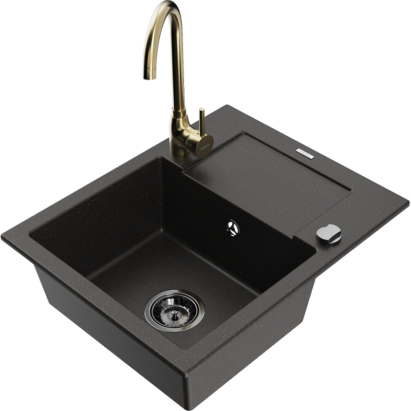 Mexen Enzo granitový dřez 1-komorový s odkapávačem a kuchyňskou baterií Telma, černý/zlatý - 6506-75-670200-50-B