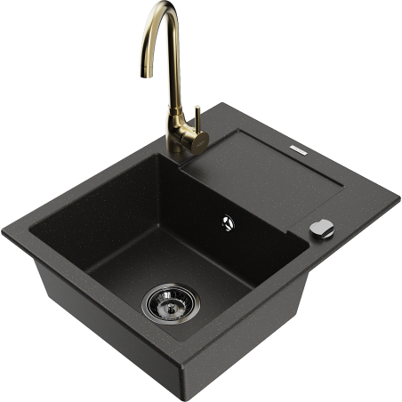 Mexen Enzo granitový dřez 1-komorový s odkapávačem a kuchyňskou baterií Telma, černý/zlatý - 6506-75-670200-50-B