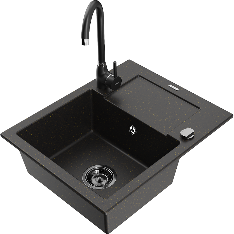 Mexen Enzo granitový dřez s 1 komorou, odkapávačem a kuchyňskou baterií Telma, černý/zlatý - 6506-75-670200-70-B