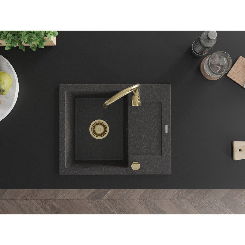Mexen Enzo granitový dřez 1-komorový s odkapávačem a kuchyňskou baterií Telma, černý tečkovaný - 6506-76-670200-50
