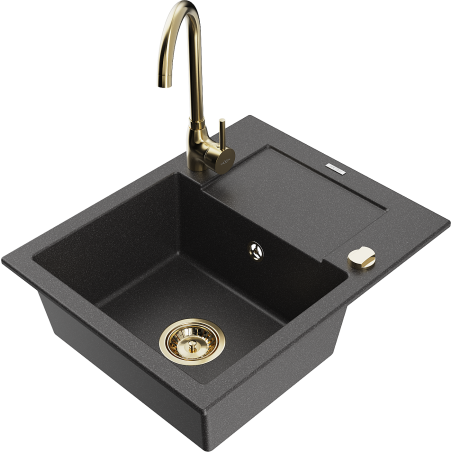 Mexen Enzo granitový dřez 1-komorový s odkapávačem a kuchyňskou baterií Telma, černý tečkovaný - 6506-76-670200-50