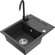 Mexen Enzo granitový dřez 1-komorový s odkapávačem a kuchyňskou baterií Telma, černý kropenatý - 6506-76-670200-70
