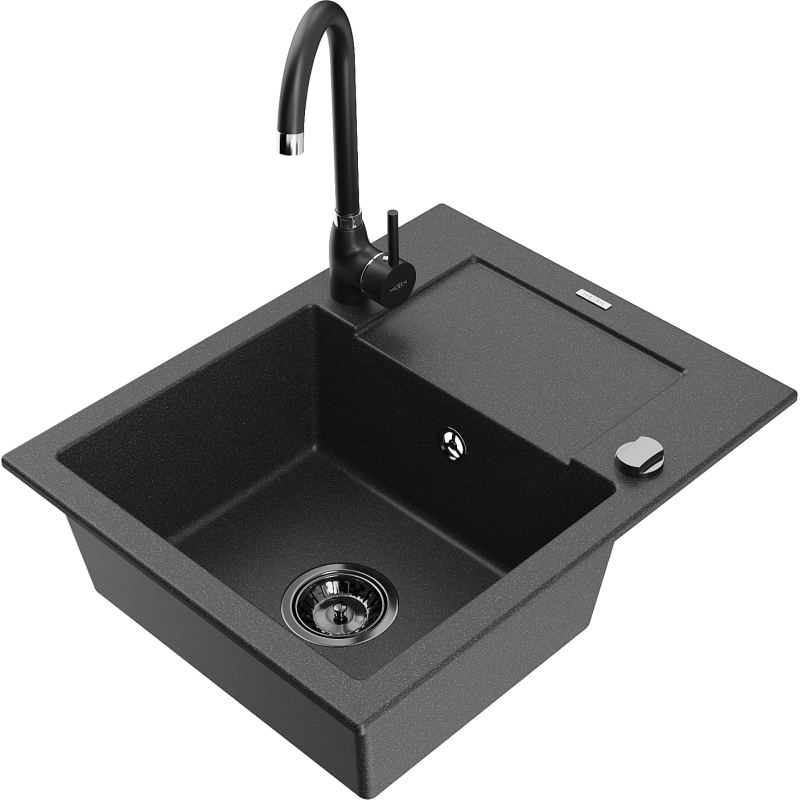 Mexen Enzo granitový dřez s 1 vaničkou a odkapávačem a kuchyňskou baterií Telma, černý skvrnitý - 6506-76-670200-70-B