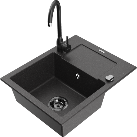 Mexen Enzo granitový dřez s 1 vaničkou a odkapávačem a kuchyňskou baterií Telma, černý skvrnitý - 6506-76-670200-70-B