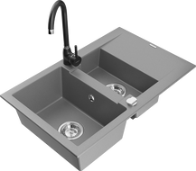 Mexen Gaspar žulový dřez 1,5-komorový s odkapávačem a kuchyňskou baterií Telma, šedý - 6507-71-670200-70