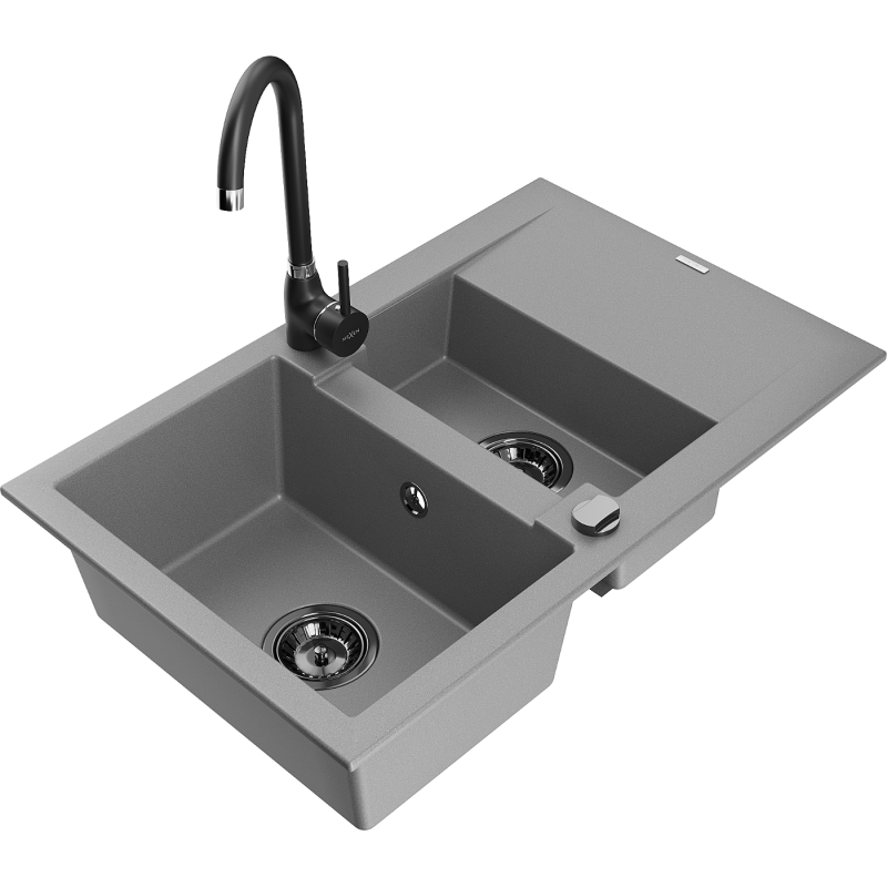 Mexen Gaspar granitový dřez 1,5-komorový s odkapávačem a kuchyňskou baterií Telma, šedý - 6507-71-670200-70-B