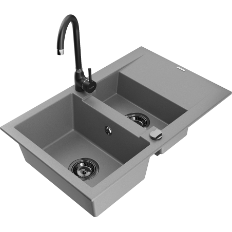 Mexen Gaspar granitový dřez 1,5-komorový s odkapávačem a kuchyňskou baterií Telma, šedý - 6507-71-670200-70-B