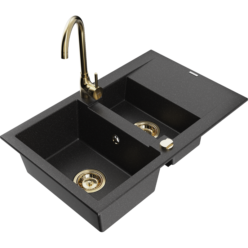 Mexen Gaspar granitový dřez 1,5-komorový s odkapávačem a kuchyňskou baterií Telma, černý/stříbrný - 6507-73-670200-50