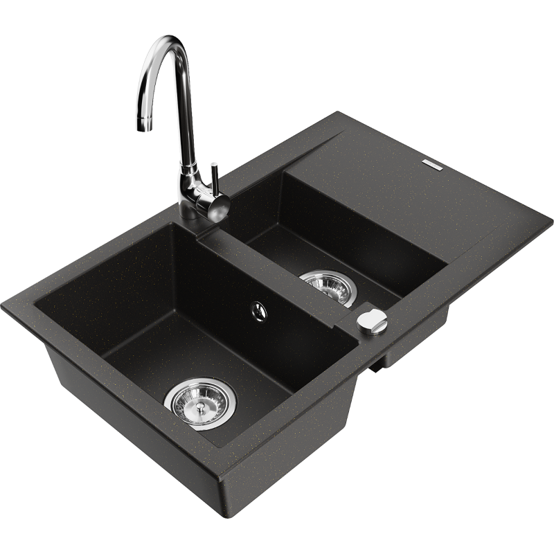 Mexen Gaspar granitový dřez s 1,5 komorou a odkapávačem a kuchyňskou baterií Telma, černý/zlatý - 6507-75-670200-00