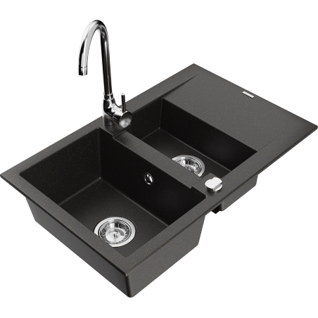 Mexen Gaspar granitový dřez s 1,5 komorou a odkapávačem a kuchyňskou baterií Telma, černý/zlatý - 6507-75-670200-00