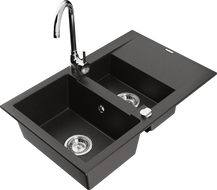 Mexen Gaspar granitový dřez s 1,5 komorou a odkapávačem a kuchyňskou baterií Telma, černý/zlatý - 6507-75-670200-00