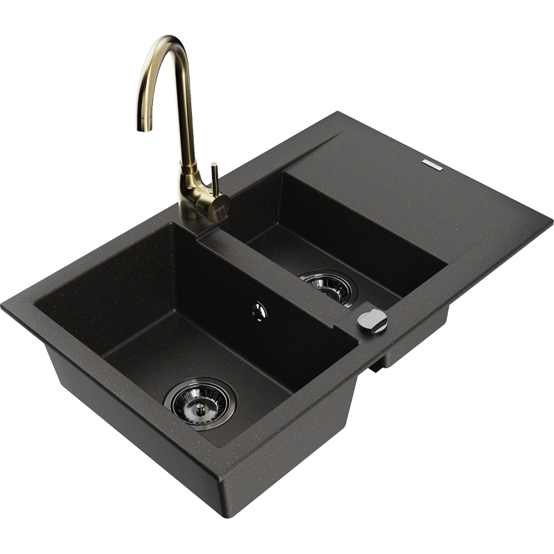 Mexen Gaspar dřez žulový 1,5-komorový s odkapávačem a kuchyňskou baterií Telma, černý/zlatý - 6507-75-670200-50-B