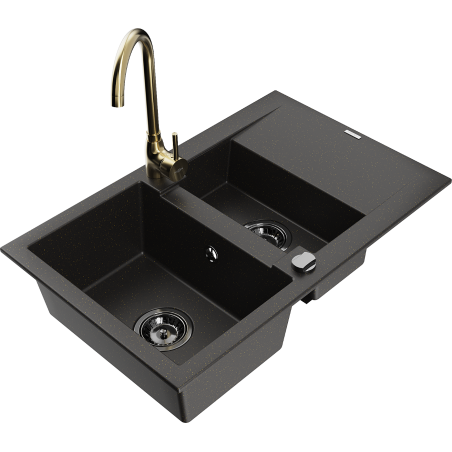 Mexen Gaspar dřez žulový 1,5-komorový s odkapávačem a kuchyňskou baterií Telma, černý/zlatý - 6507-75-670200-50-B