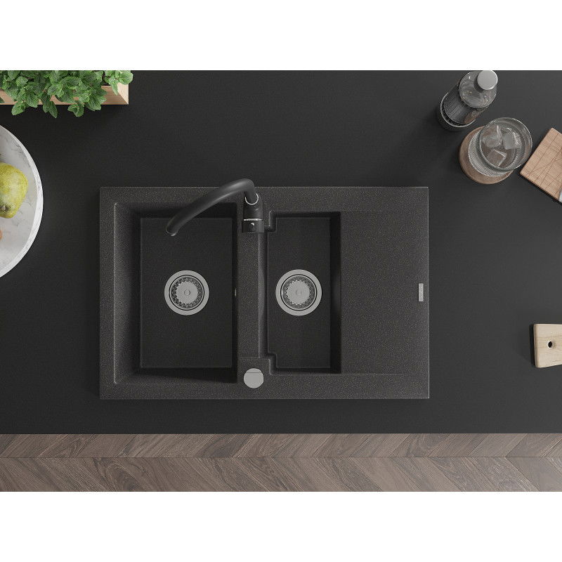 Mexen Gaspar žulový dřez 1,5-komorový s odkapávačem a kuchyňskou baterií Telma, černý s tečkováním - 6507-76-670200-70
