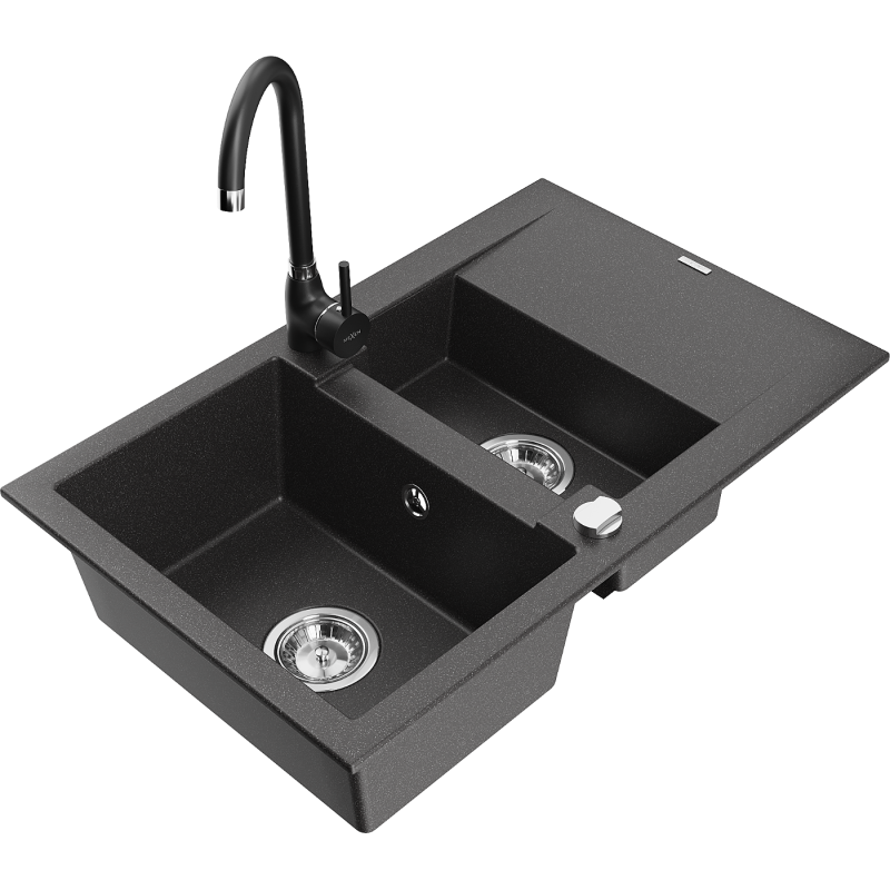Mexen Gaspar žulový dřez 1,5-komorový s odkapávačem a kuchyňskou baterií Telma, černý s tečkováním - 6507-76-670200-70