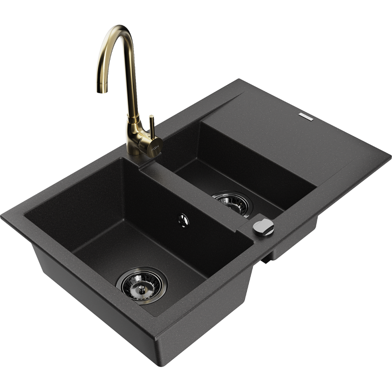Mexen Gaspar granitový dřez 1,5-komorový s odkapávačem a kuchyňskou baterií Telma, černý - 6507-77-670200-50-B