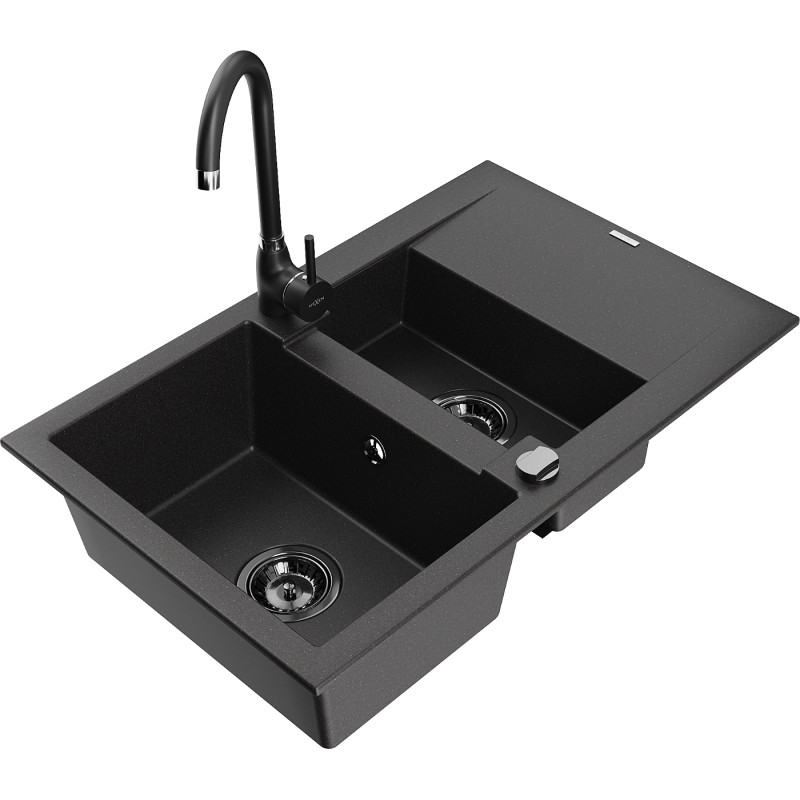 Mexen Gaspar granitový dřez s 1,5 komorou s odkapávačem a kuchyňskou baterií Telma, černý - 6507-77-670200-70-B