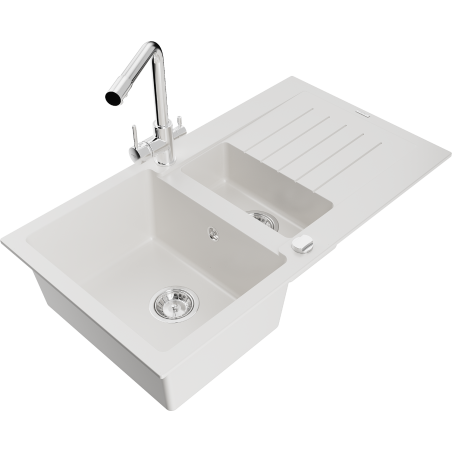 Mexen Matias dřez granitový 1,5-komorový s odkapávačem a kuchyňskou baterií Duero, bílý - 6502-20-671600-00