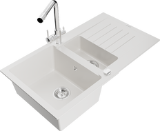 Mexen Matias dřez granitový 1,5-komorový s odkapávačem a kuchyňskou baterií Duero, bílý - 6502-20-671600-00