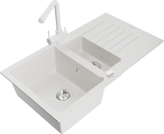 Mexen Matias dřez granitový 1,5-komorový s odkapávačem a kuchyňskou baterií Duero, bílý - 6502-20-671600-20