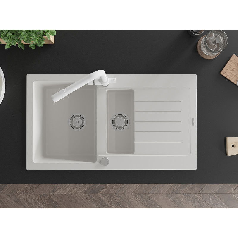 Mexen Matias dřez granitový 1,5-komorový s odkapávačem a kuchyňskou baterií Duero, bílý - 6502-20-671600-20