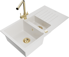 Mexen Matias granitový dřez 1,5-komorový s odkapávačem a kuchyňskou baterií Duero, bílý - 6502-20-671600-50