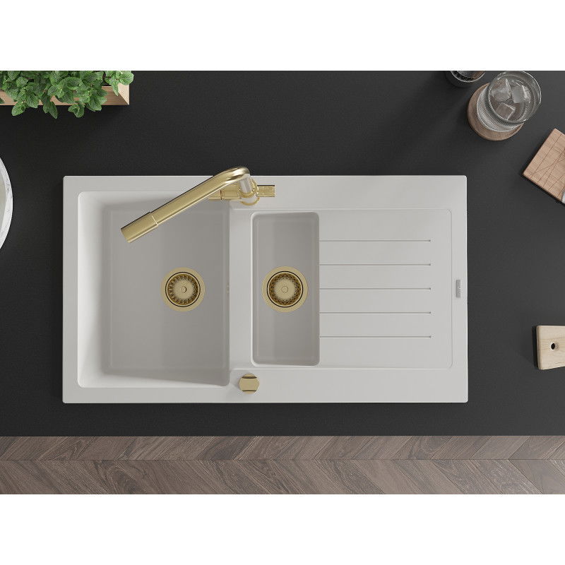 Mexen Matias granitový dřez 1,5-komorový s odkapávačem a kuchyňskou baterií Duero, bílý - 6502-20-671600-50