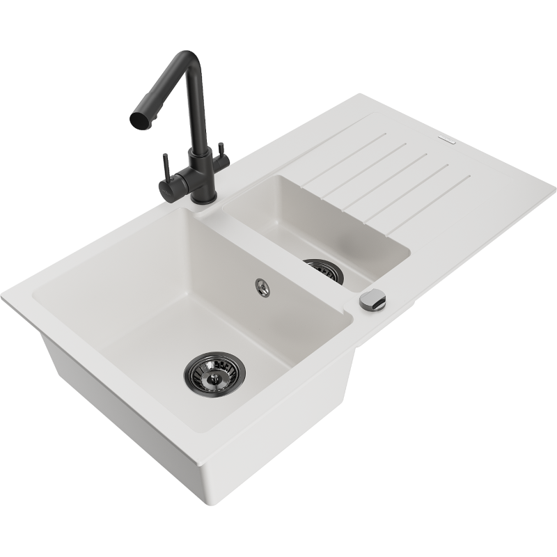 Mexen Matias granitový dřez 1,5-komorový s odkapávačem a kuchyňskou baterií Duero, bílý - 6502-20-671600-70