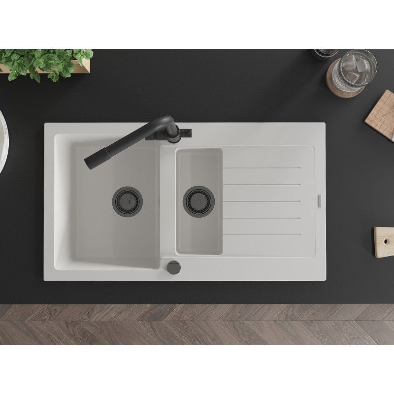 Mexen Matias granitový dřez 1,5-komorový s odkapávačem a kuchyňskou baterií Duero, bílý - 6502-20-671600-70