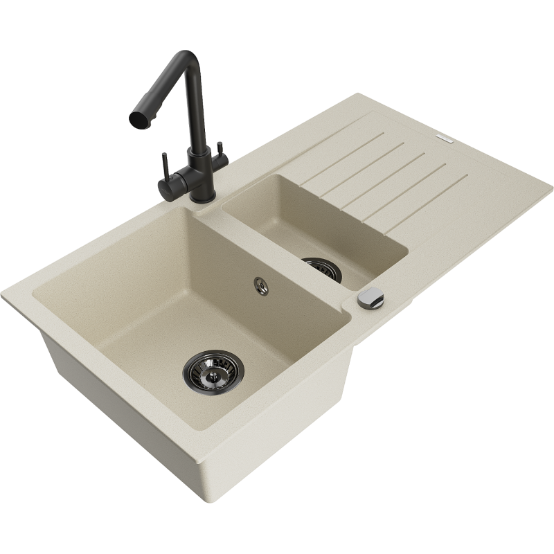 Mexen Matias granitový dřez 1,5-komorový s odkapávačem a kuchyňskou baterií Duero, béžový - 6502-69-671600-70