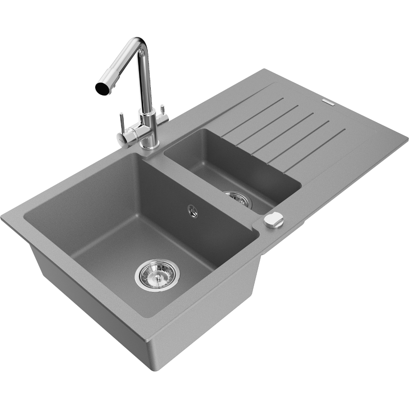 Mexen Matias žulový dřez 1,5 komorový s odkapávačem a kuchyňskou baterií Duero, šedý - 6502-71-671600-00
