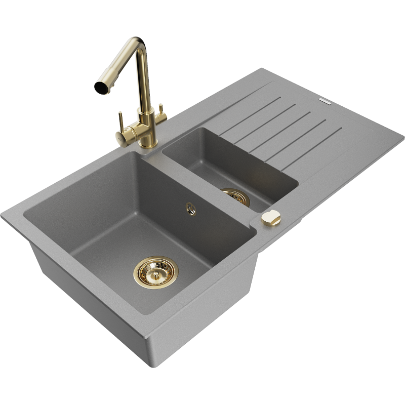 Mexen Matias žulový kuchyňský dřez 1,5-komorový s odkapávačem a kuchyňskou baterií Duero, šedá - 6502-71-671600-50