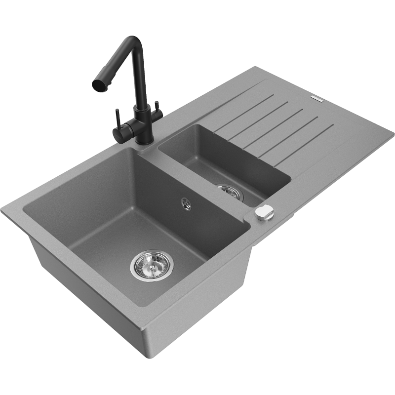 Mexen Matias granitový dřez 1,5-komorový s odkapávačem a kuchyňskou baterií Duero, šedý - 6502-71-671600-70