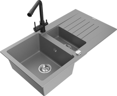 Mexen Matias granitový dřez 1,5-komorový s odkapávačem a kuchyňskou baterií Duero, šedý - 6502-71-671600-70