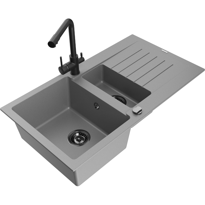 Mexen Matias dřez z granitu s 1,5 komorami s odkapávačem a kuchyňskou baterií Duero, šedý - 6502-71-671600-70-B
